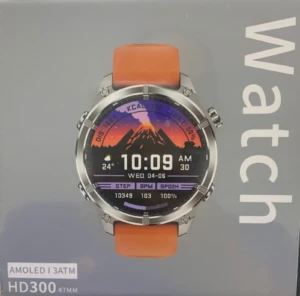 Reloj inteligente HD300 de 47 mm con correa naranja y pantalla AMOLED, mostrando hora, pasos, ritmo cardíaco y batería al 100%.