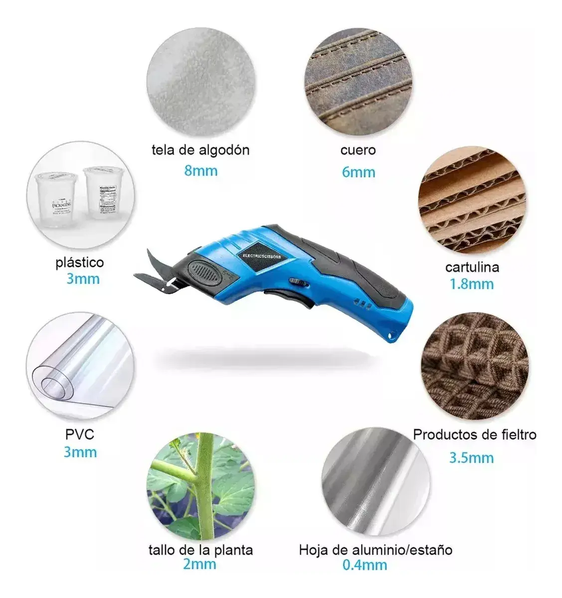 Tijera eléctrica inalámbrica azul con mango ergonómico, cortando materiales como tela de algodón, cuero, cartulina, PVC, fieltro, tallo de planta y hoja de aluminio, con medidas indicadas para cada uno.