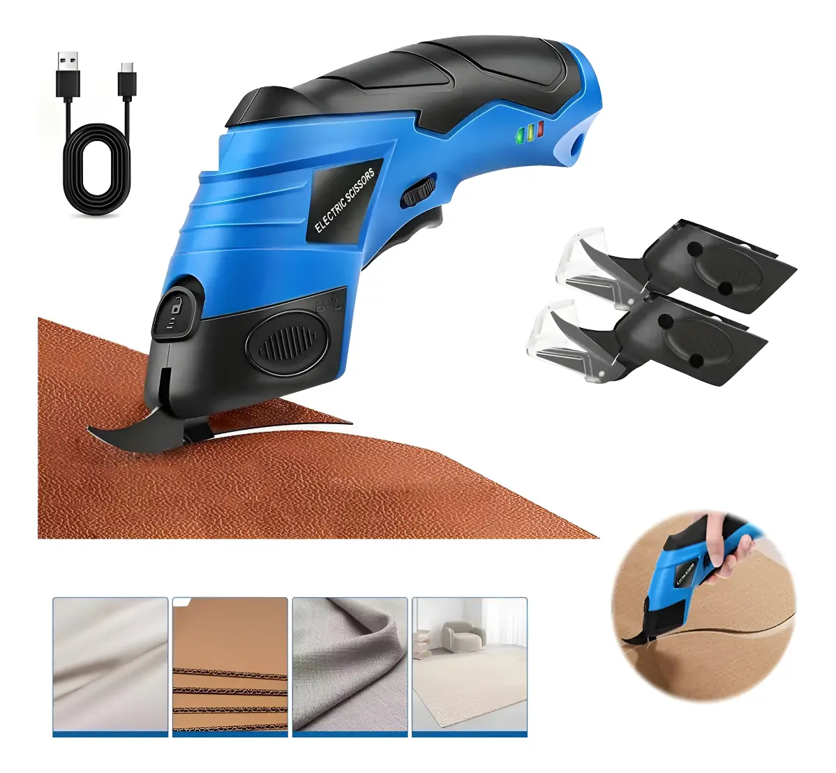 Tijera eléctrica inalámbrica azul y negra cortando tela marrón, con accesorios incluidos y detalles de uso en diferentes materiales.