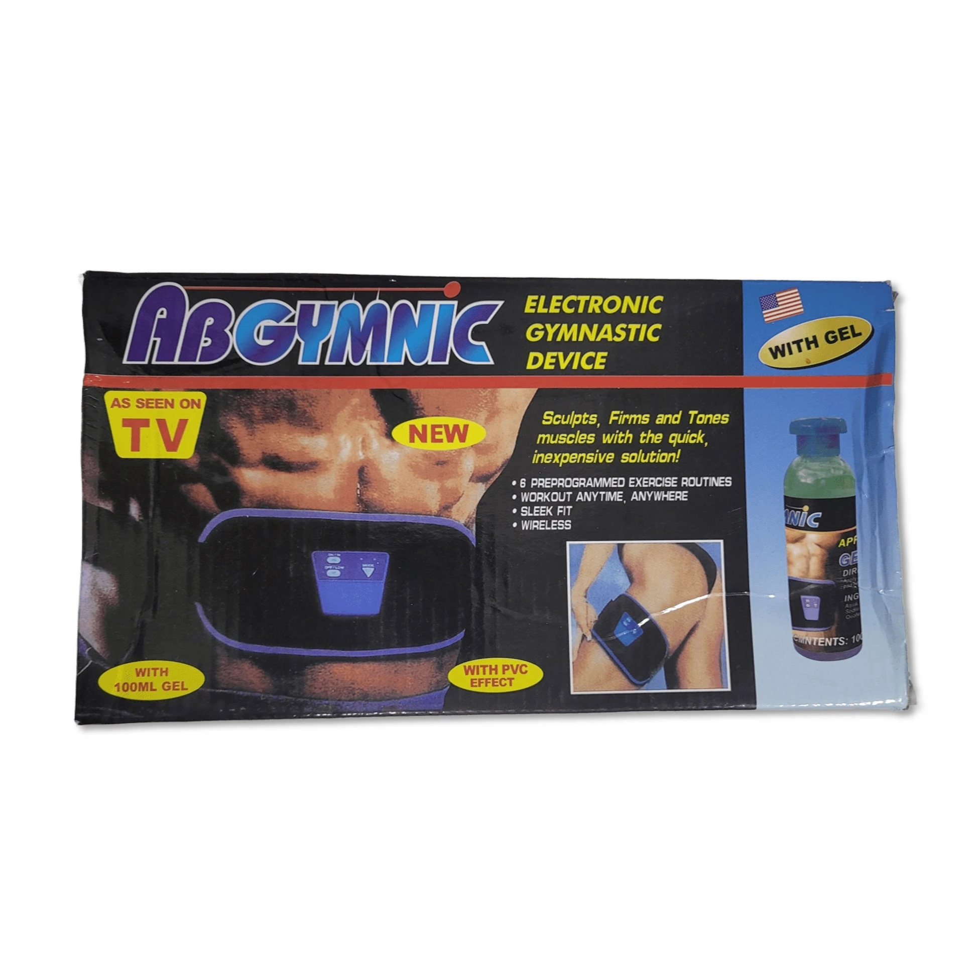 Packaging del masajeador abdominal Abgymnic, mostrando dispositivo negro con electrodos, gel verde y maniquí demostrando uso en abdomen.