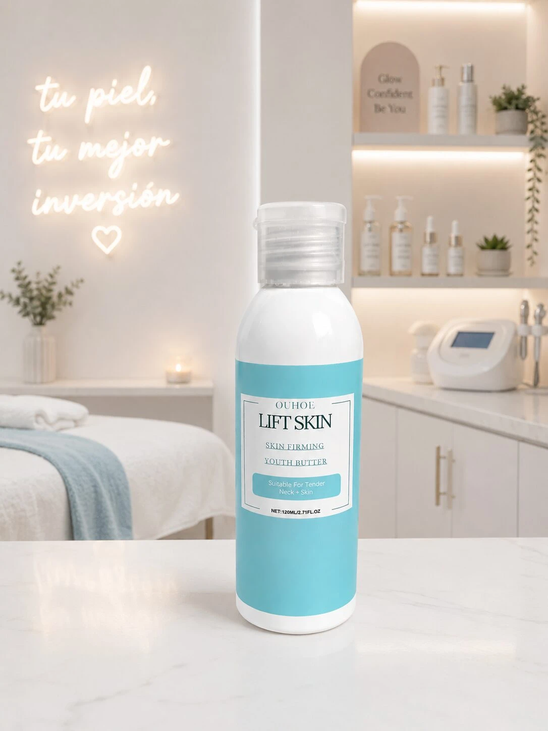 Bote de crema reafirmante Lift Skin en color azul claro, con etiqueta blanca y texto negro, sobre superficie blanca en entorno de spa.