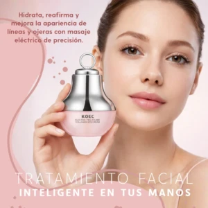 Masajeador de ojos KOEC con luz roja, en presentación rosa y plateada, diseñado para reducir líneas de expresión y bolsas.
