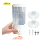 Dispensador de jabón líquido transparente de 500 ml con cuerpo blanco y dos succionadores, dos tapones y dos tornillos incluidos.