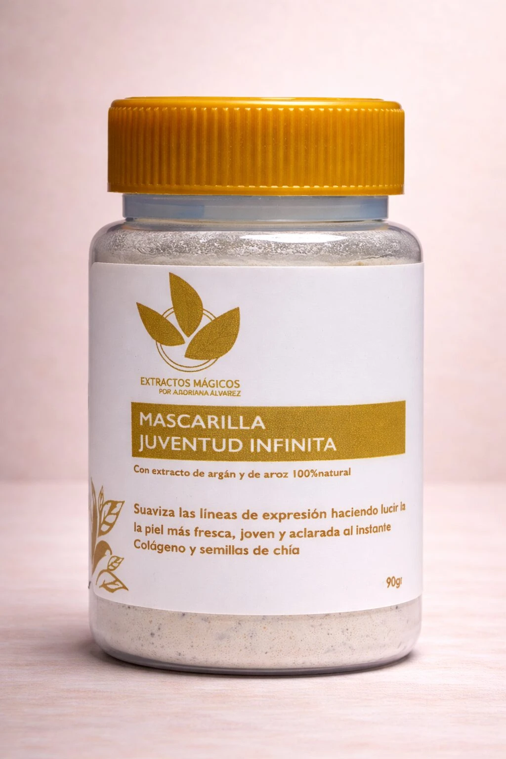 Mascarilla facial en polvo con colágeno y semillas de chía, presentada en frasco transparente con tapa amarilla y etiqueta blanca.