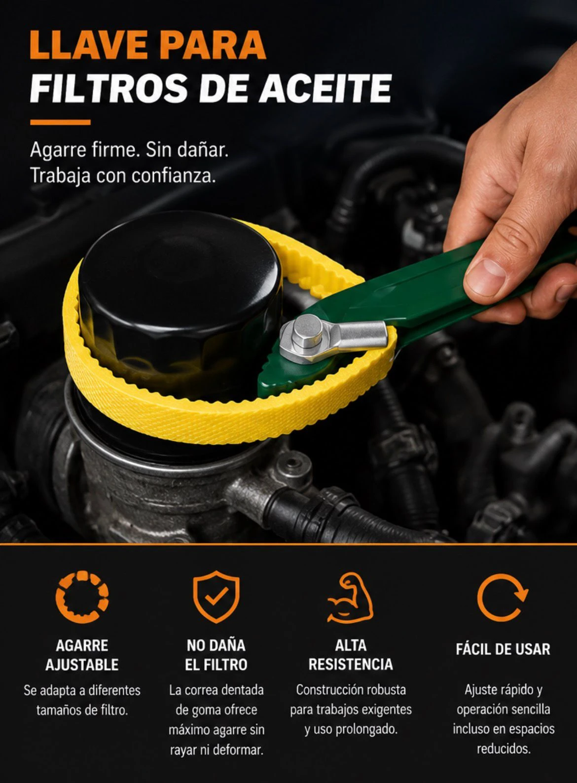 Llave de correa amarilla con mango verde aflojando filtro de aceite negro en motor, sin rayar superficie.