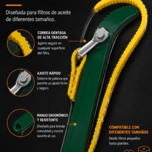 Llave correa verde con banda amarilla dentada para aflojar filtros de aceite, compatible con tamaños de 60 a 120 mm.