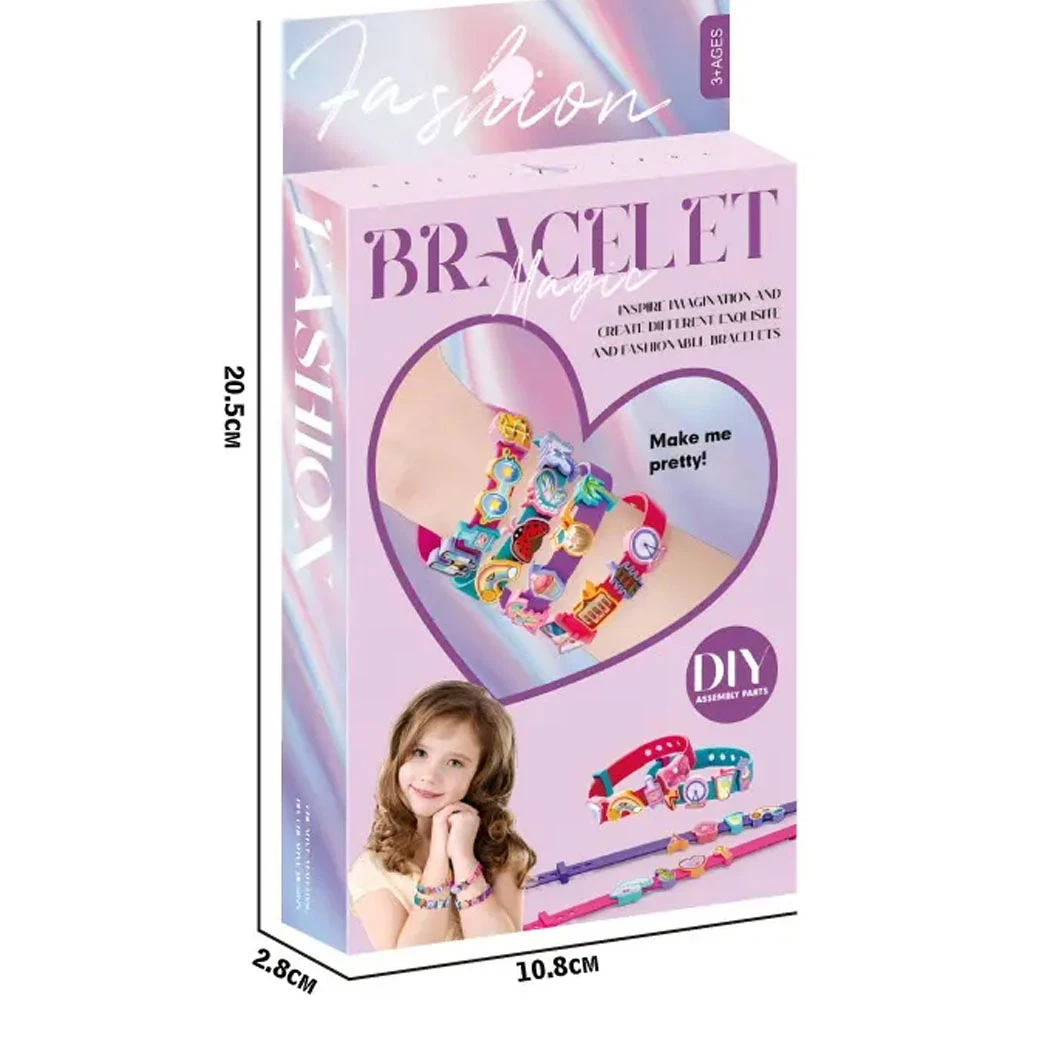 Pack de dos kits de pulseras infantiles en caja rosa con diseño de corazón, mostrando pulseras multicolores y niña sonriente; incluye varillas y cuentas para manualidades.