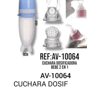 Cuchara dispensador silicona para bebé, modelo AV-10064, con mango azul claro y cuerpo blanco. Incluye dos boquillas intercambiables y muestra medidas de 18 cm de altura y 5 cm de base.