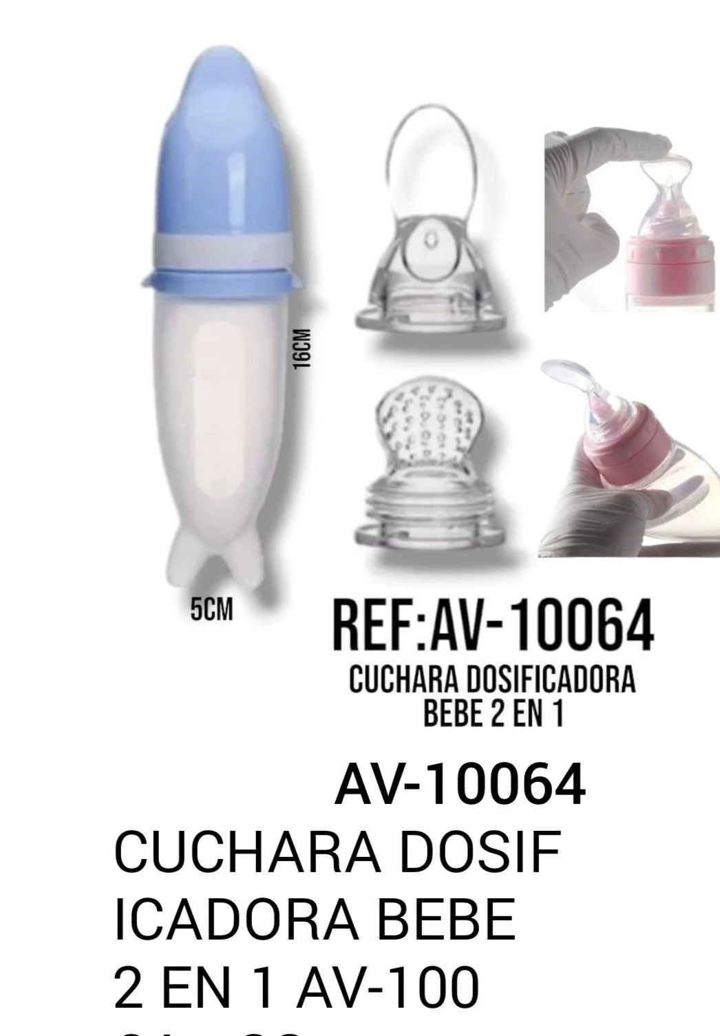 Cuchara dispensador silicona para bebé, modelo AV-10064, con mango azul claro y cuerpo blanco. Incluye dos boquillas intercambiables y muestra medidas de 18 cm de altura y 5 cm de base.