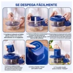 Instrucciones de montaje para peladora automática de frutas y ajos inalámbrica, mostrando ensamblaje paso a paso con tapa azul y base transparente sobre superficie de madera.