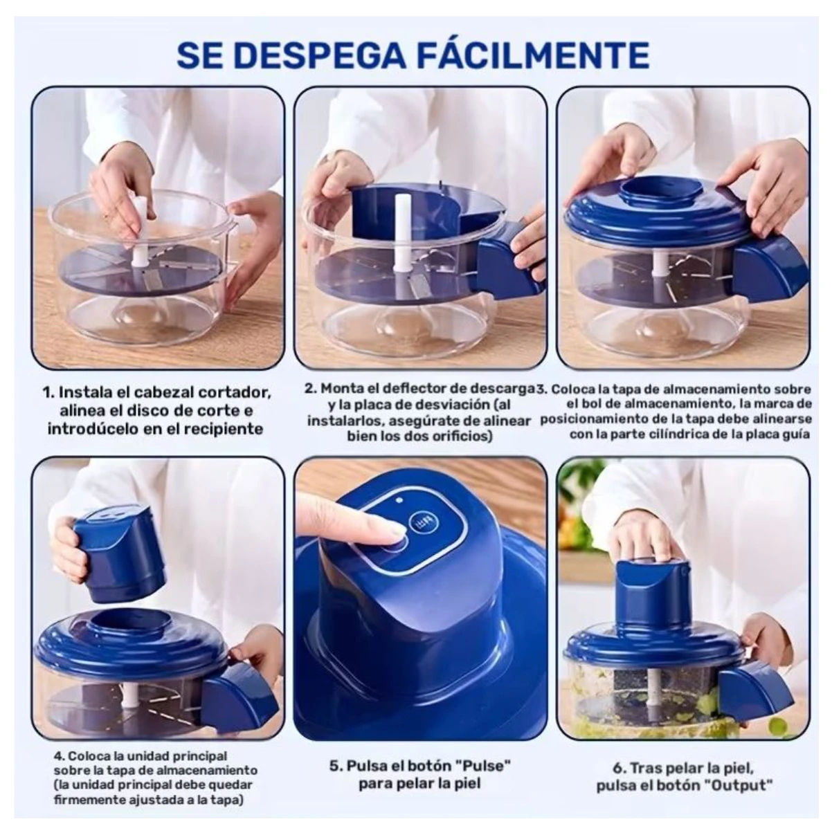 Instrucciones de montaje para peladora automática de frutas y ajos inalámbrica, mostrando ensamblaje paso a paso con tapa azul y base transparente sobre superficie de madera.