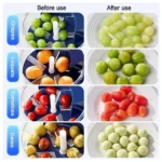 Comparación antes y después del uso de peladora automática para uvas, ciruelas, tomates y dátiles, mostrando resultados limpios y uniformes en cada caso.