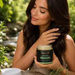 Mujer con cabello largo y oscuro aplicando mascarilla de romero y queratina hidrolizada en un entorno natural, con frasco abierto y tapa blanca sobre piedra.
