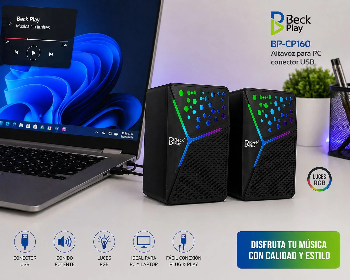 Parlantes USB negros con luces RGB dinámicas, conectados a una laptop, mostrando diseño compacto y acabado mate.
