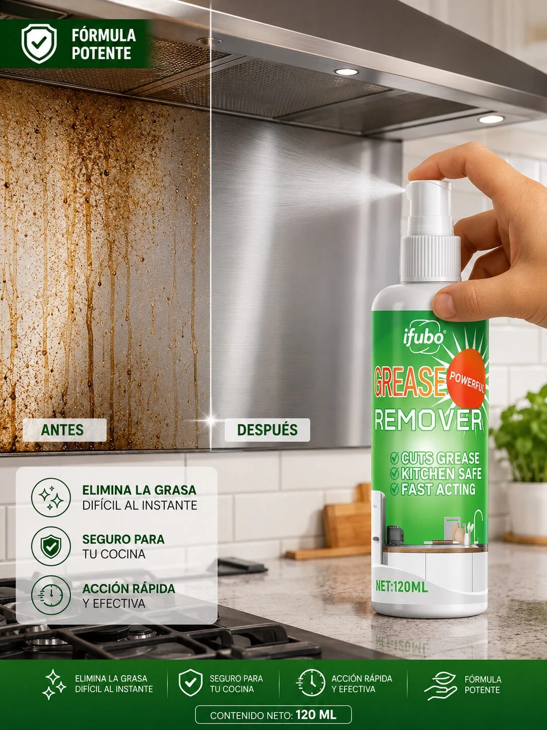 Botella de 120 ml de limpiador desengrasante Ifubo Power Grease Remover, con etiqueta verde y blanca, en mano sobre encimera de cocina; muestra antes y después de limpieza en campana extractora metálica.