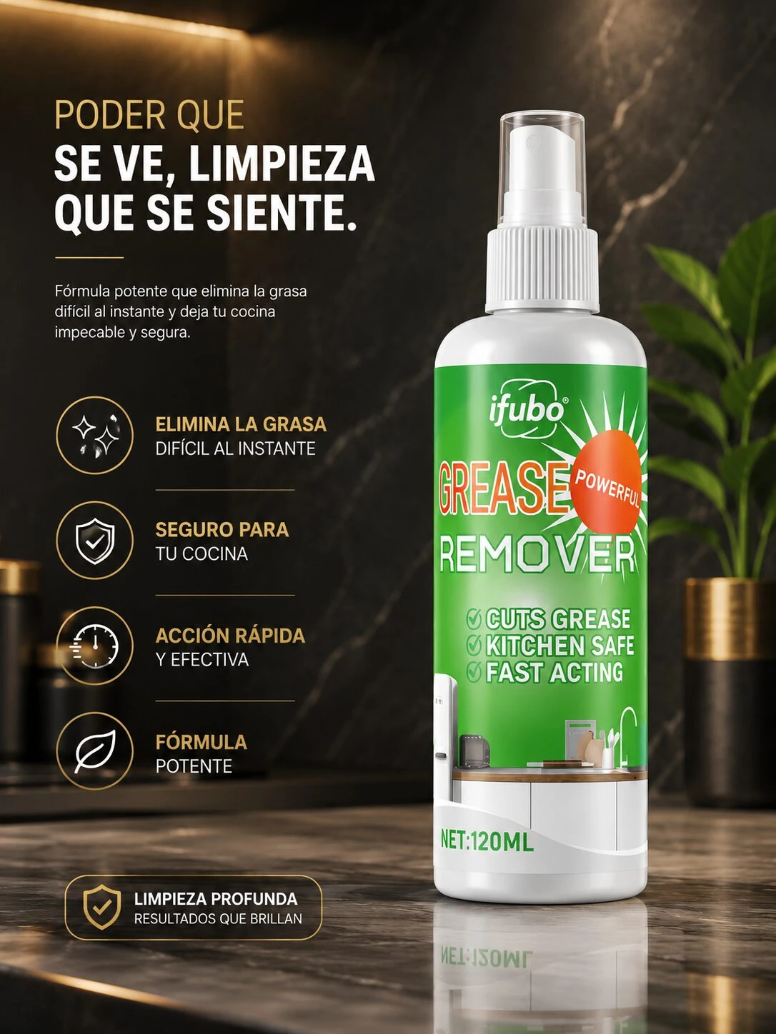 Botella de 120 ml del limpiador desengrasante Ultra Clean, con etiqueta verde y blanca, mostrando texto en inglés y español, junto a íconos que destacan sus beneficios como acción rápida y fórmula potente.