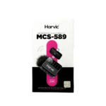 Packaging del micrófono inalámbrico Harvic MCS-589, con receptor y micrófono de solapa negro, sobre fondo blanco y negro con detalles en rosa.