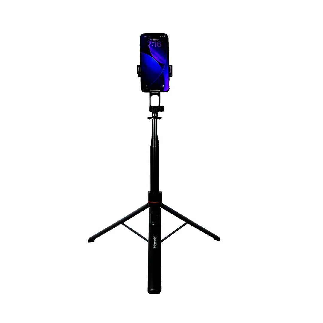 Trípode Harvic negro con soporte para smartphone, extendido verticalmente sobre fondo blanco. Incluye patas desplegadas y mango con batería integrada.