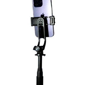 Trípode Harvic 3 en 1 con batería, mostrando su soporte de teléfono móvil montado en posición vertical sobre el mango telescópico negro.