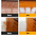 Cuatro paneles muestran el antes y después del tratamiento con cera protectora en piso de madera laminada, destacando brillo y eliminación de manchas.