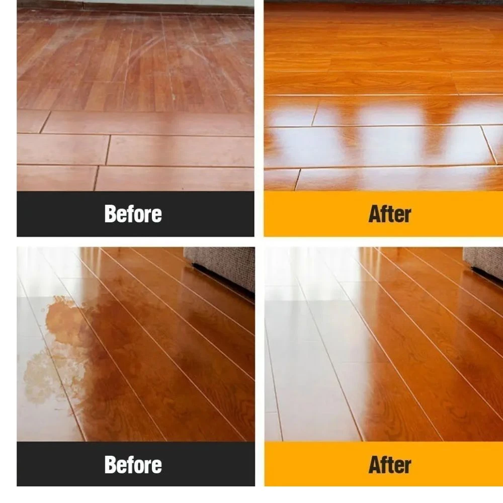 Cuatro paneles muestran el antes y después del tratamiento con cera protectora en piso de madera laminada, destacando brillo y eliminación de manchas.