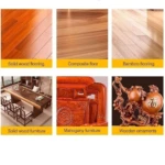 Seis paneles muestran tipos de pisos y muebles de madera: parquet sólido, laminado, bambú, escritorio de roble, mueble de caoba y ornamento tallado con carácter chino.