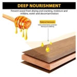 Cera de miel protectora para muebles, aplicándose en capa sobre madera natural, con gotas cayendo y texto que indica prevención de grietas y humedad.