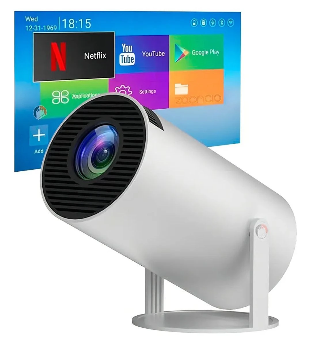 Proyector Android HY300 blanco con base giratoria, mostrando interfaz de usuario con aplicaciones como Netflix y YouTube en pantalla.