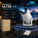 Proyector Android HY300 blanco con base giratoria de 180 grados, empaque original, control remoto y cable de alimentación sobre superficie oscura.