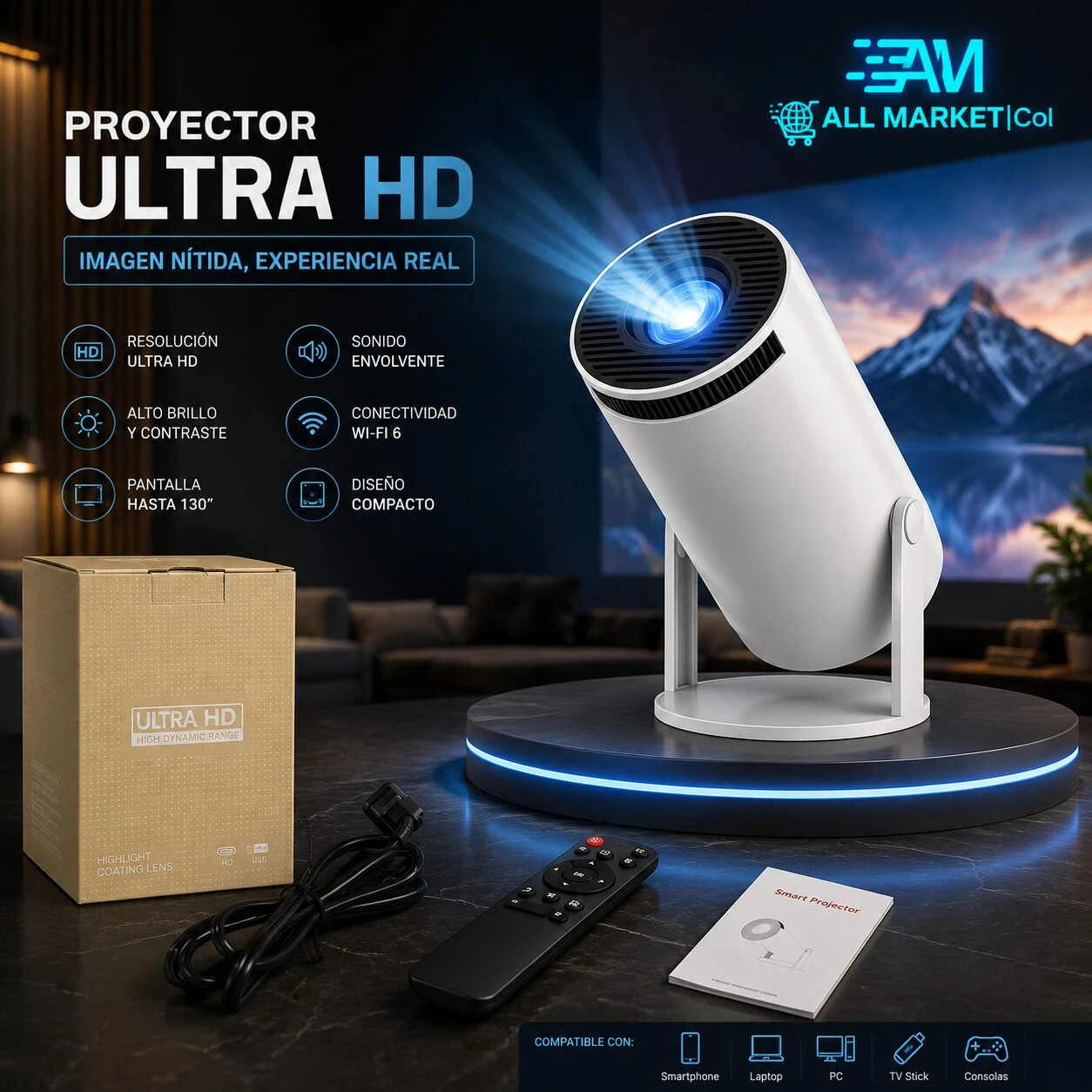 Proyector Android HY300 blanco con base giratoria de 180 grados, empaque original, control remoto y cable de alimentación sobre superficie oscura.