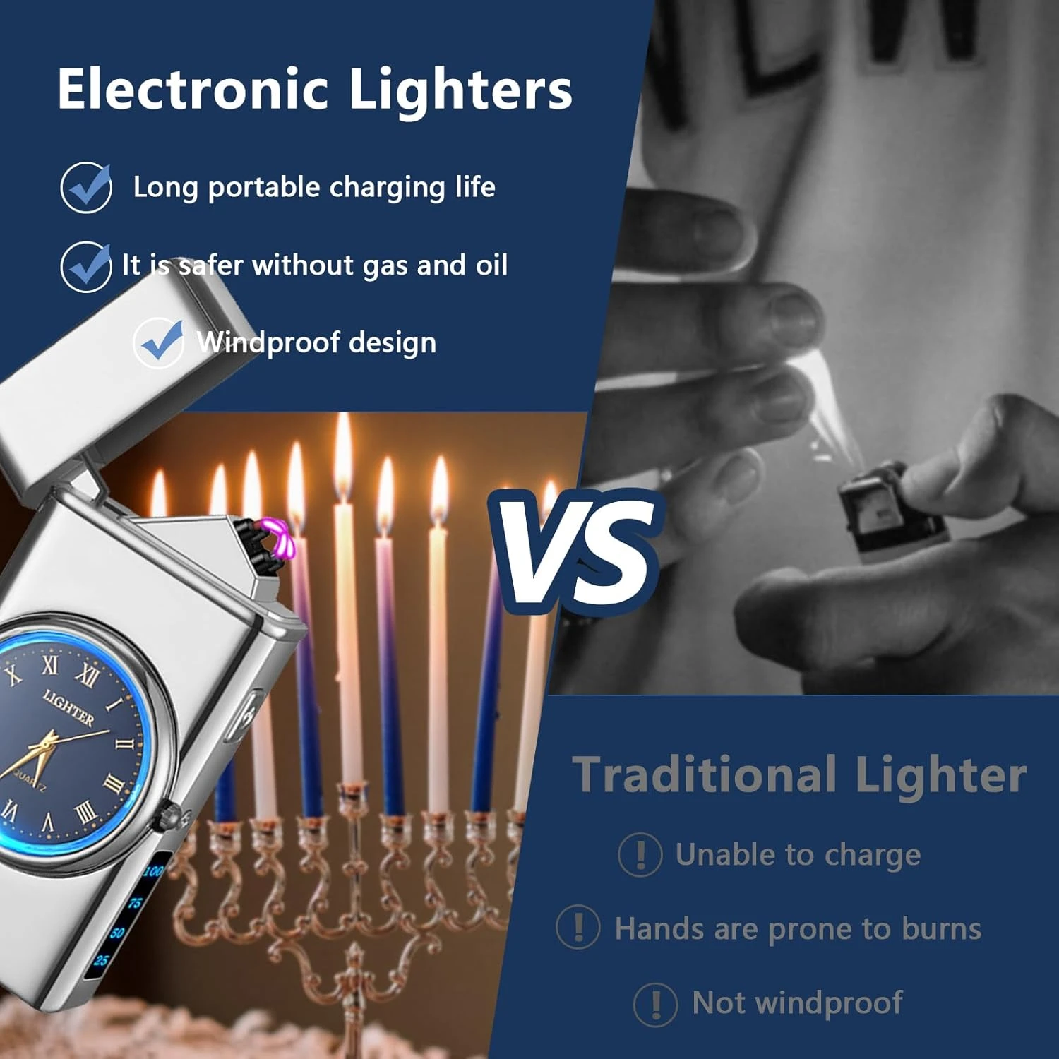 Encendedor eléctrico en forma de reloj plateado con esfera azul, encendiendo velas de un candelabro; comparado con encendedor tradicional.