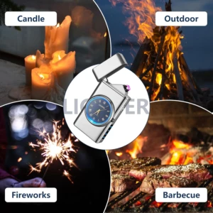 Encendedor eléctrico tipo reloj plateado con pantalla azul, usado para encender velas, fuegos al aire libre, fuegos artificiales y parrillas.
