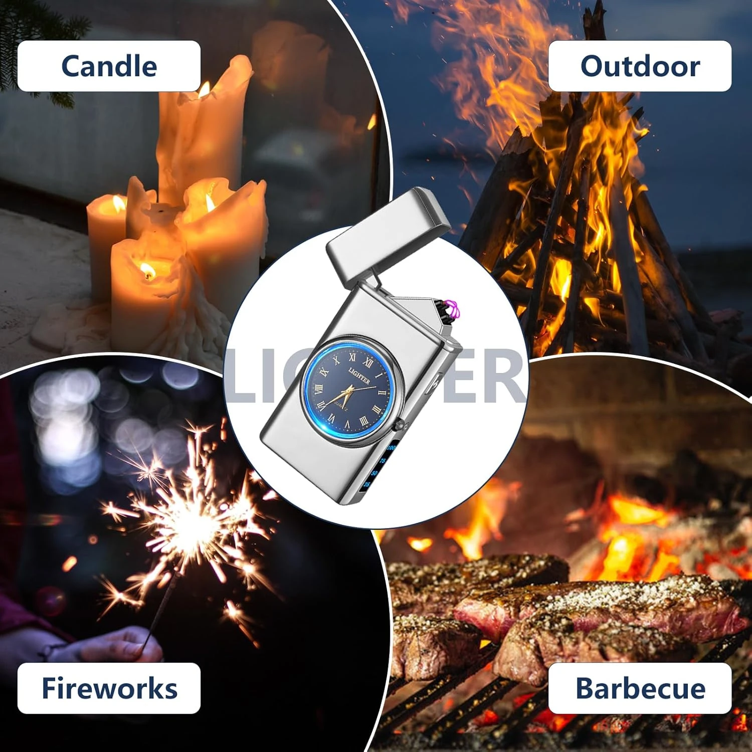 Encendedor eléctrico tipo reloj plateado con pantalla azul, usado para encender velas, fuegos al aire libre, fuegos artificiales y parrillas.