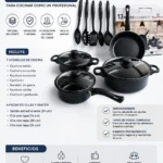 Set de cocina de 13 piezas en color negro, incluye ollas con tapas de vidrio templado, sartenes, utensilios de cocina y accesorios. Diseño funcional para fogones de inducción.