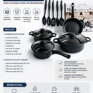 Set de cocina de 13 piezas en color negro, incluye ollas con tapas de vidrio templado, sartenes, utensilios de cocina y accesorios. Diseño funcional para fogones de inducción.