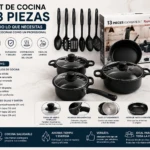 Set de cocina Royal Mark de 13 piezas en color negro, incluye ollas, sartenes, tapas de vidrio templado y utensilios de cocina con mangos ergonómicos, presentado sobre fondo blanco con caja del producto al fondo.