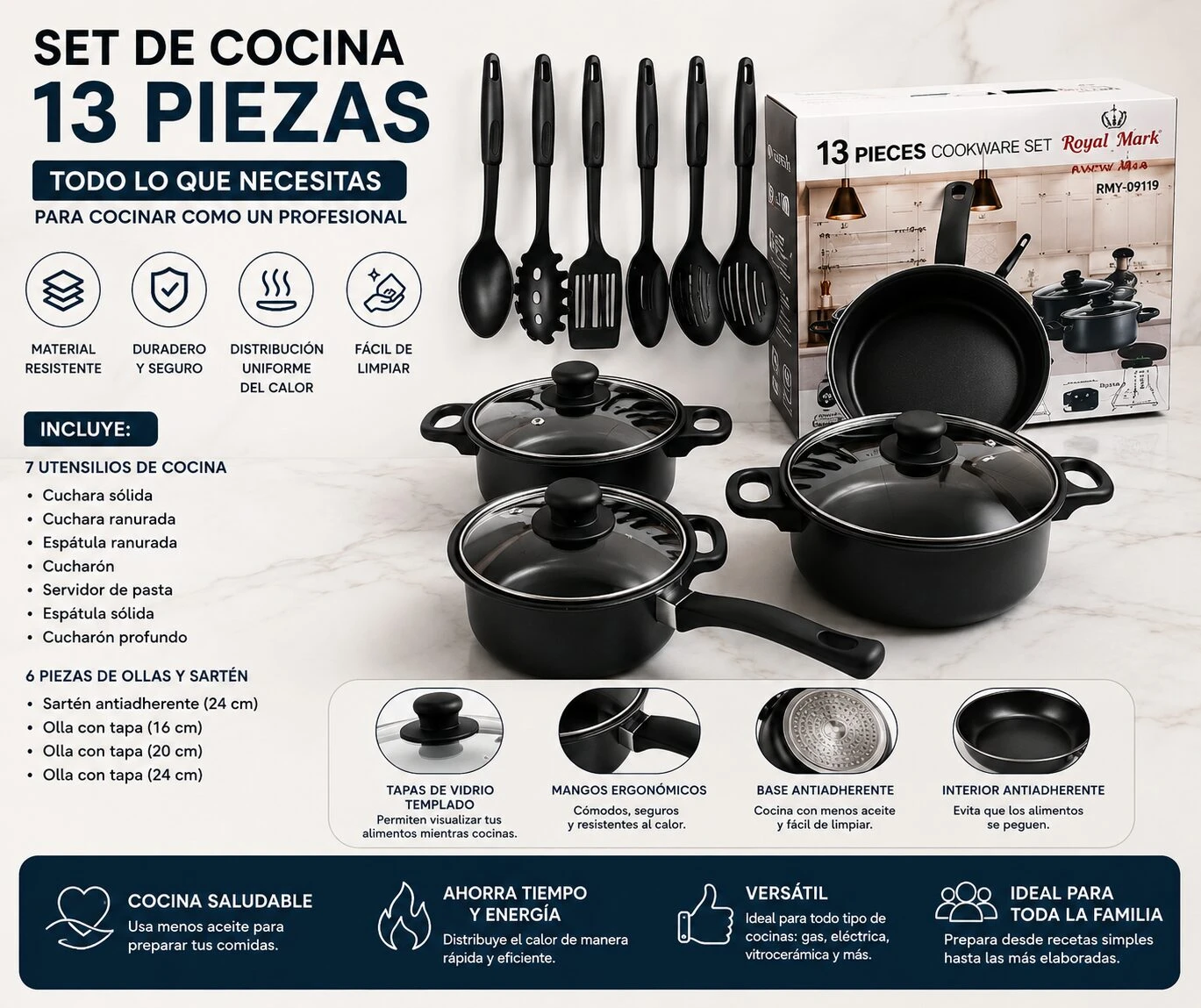 Set de cocina Royal Mark de 13 piezas en color negro, incluye ollas, sartenes, tapas de vidrio templado y utensilios de cocina con mangos ergonómicos, presentado sobre fondo blanco con caja del producto al fondo.
