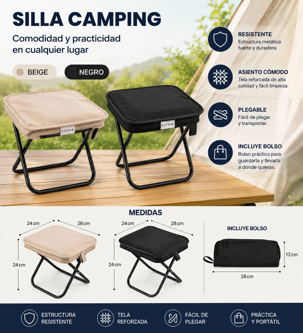 Silla Plegable Viajera con Estructura Metálica y Bolsa de Transporte - Descansa cómodamente en cualquier aventura al aire libre