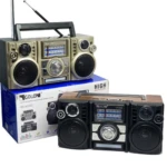 Radio parlante retro RX-65SD en color beige con panel solar y antenas telescópicas, acompañado de su caja original.