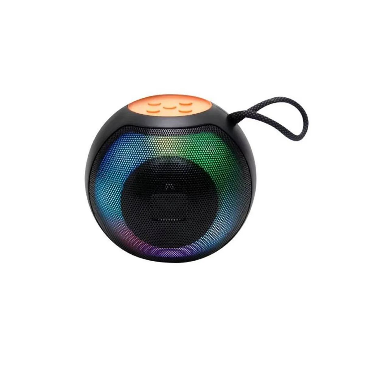 Parlante esférico negro con luces RGB multicolor en la parte frontal, botón naranja superior y asa de transporte integrada.