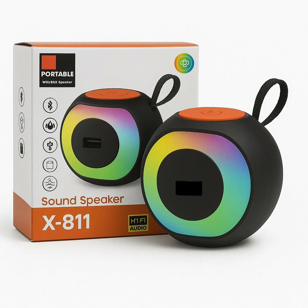 Parlante esférico negro con luces RGB y tapa naranja, modelo X-811, junto a su caja de presentación.