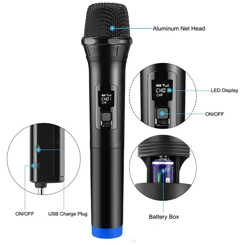 Micrófono inalámbrico negro con cabeza de malla metálica, pantalla LED, puerto USB recargable y compartimento para batería AA.