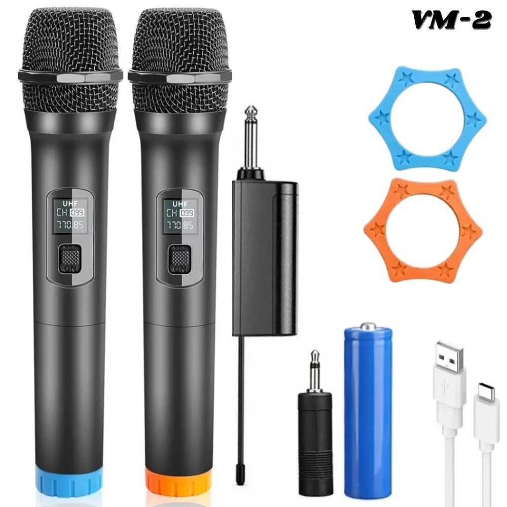 Micrófonos inalámbricos UHF con batería recargable, adaptador de audio, cargador USB y protectores de tornillo azul y naranja.