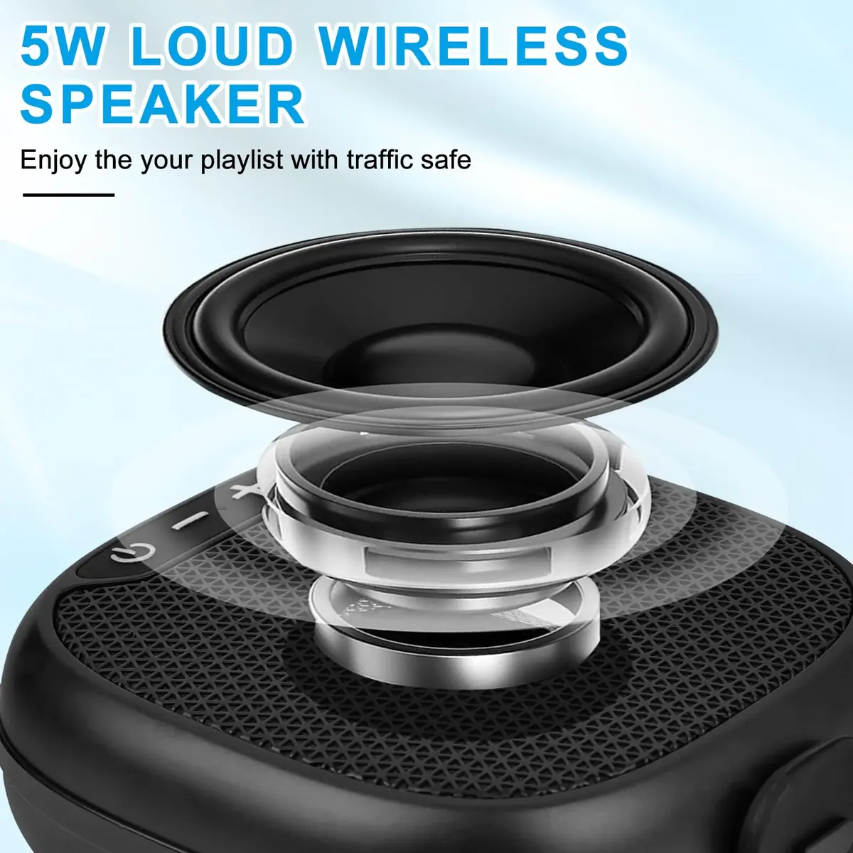 Parlante Bluetooth portátil negro con diseño desmontable, mostrando altavoz, imanes y rejilla de malla. Incluye botones de control en superficie superior.