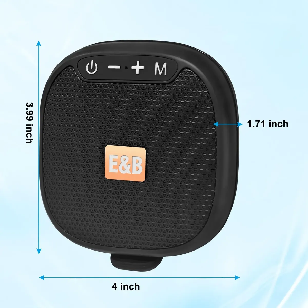 Parlante Bluetooth portátil negro con rejilla de malla, logo E&B en naranja, controles de volumen y encendido, medidas 4 x 3.99 pulgadas, diseñado para sujeción en bicicletas.