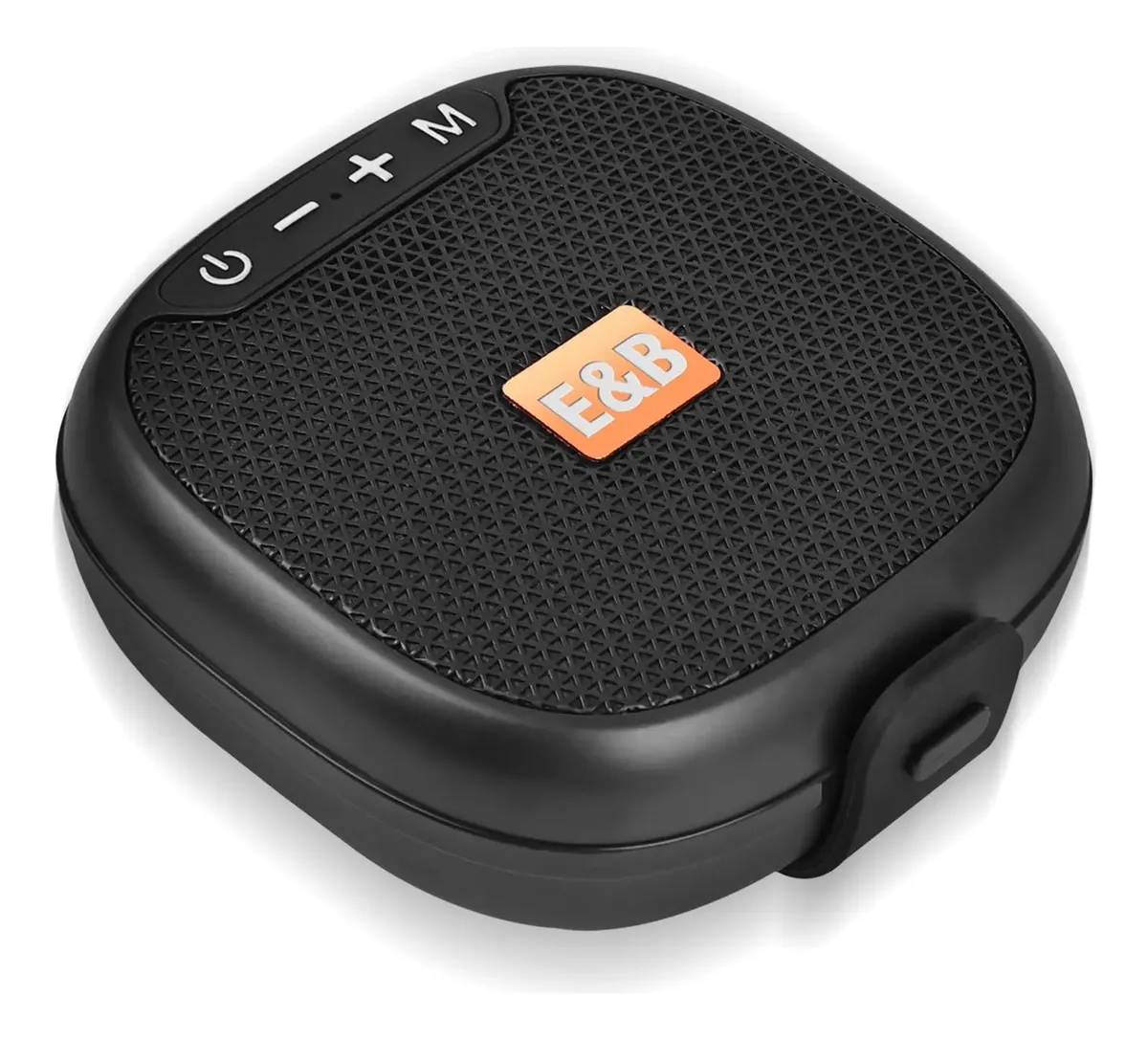 Parlante Bluetooth portátil negro con rejilla texturizada, logotipo naranja E&B y controles de volumen y encendido en la parte superior.