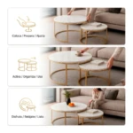 Mesa de centro redonda apilable con superficie de mármol blanco y patas doradas, mostrada en tres etapas: colocación, uso y disfrute, en un salón moderno con sofá beige.