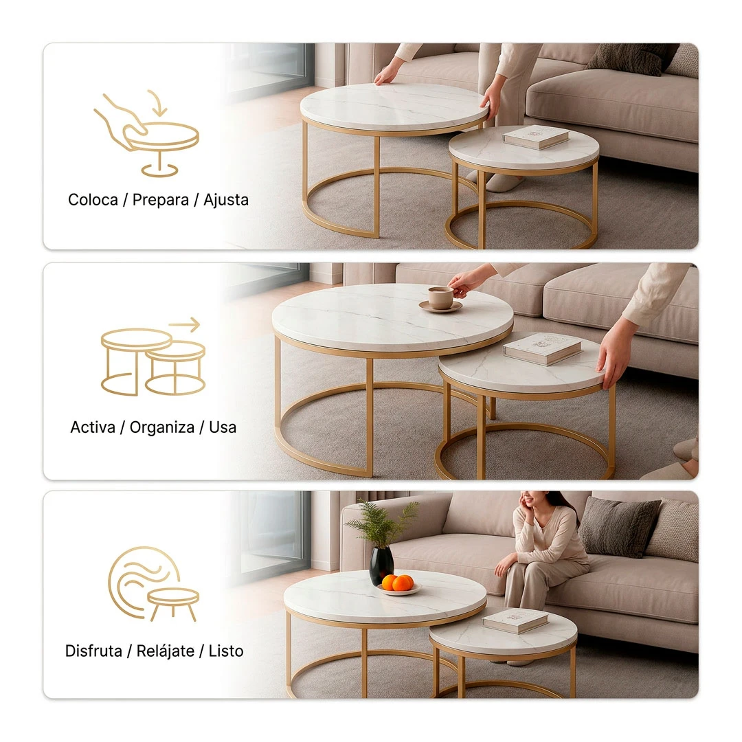 Mesa de centro redonda apilable con superficie de mármol blanco y patas doradas, mostrada en tres etapas: colocación, uso y disfrute, en un salón moderno con sofá beige.
