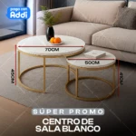 Mesa de centro redonda apilable dorada con superficie mármol blanco, medidas 70 cm y 50 cm de diámetro, ideal para salón.