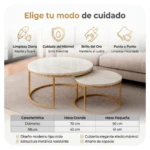 Mesa de centro redonda apilable con superficie mármol blanco y estructura metálica dorada, en salón con sofá beige; incluye dos tamaños: 70 cm y 50 cm de diámetro.